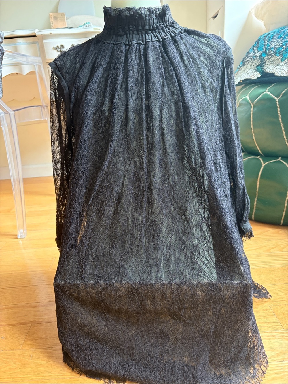 Malia Mills Smocked Black Lace Blouse